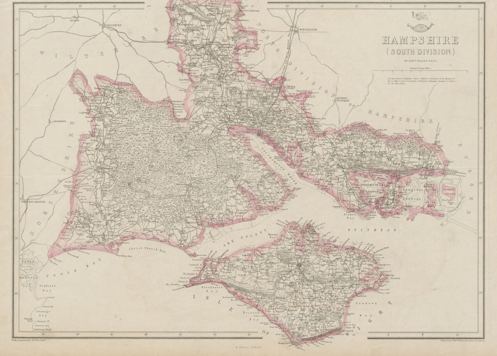 HAMPSHIRE SOUTH Isle of Wight New Forest Southampton Portsmouth WELLER 1862 map